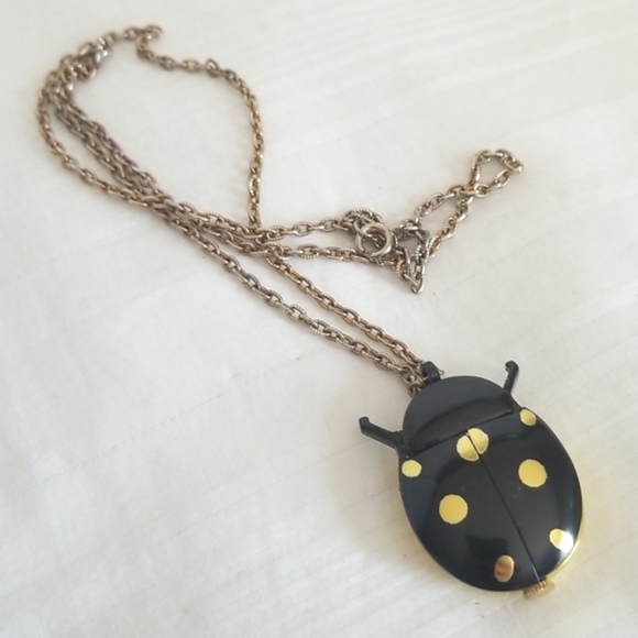 Rare Vintage Hamlin Black Gold Ladybug Necklace Watch Wind Up - Picture 2 of 6